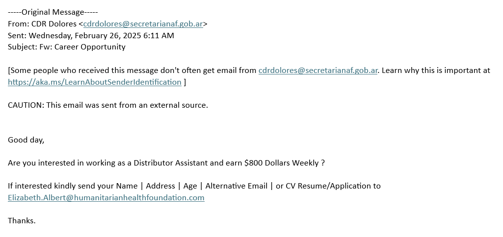 screenshot of the phishing email described below