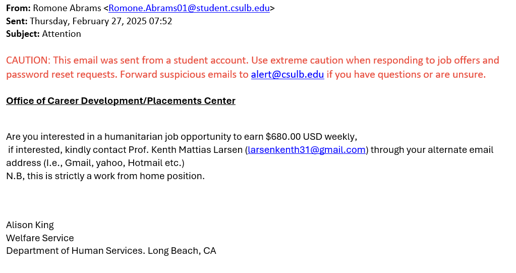 screenshot of the phishing email described below