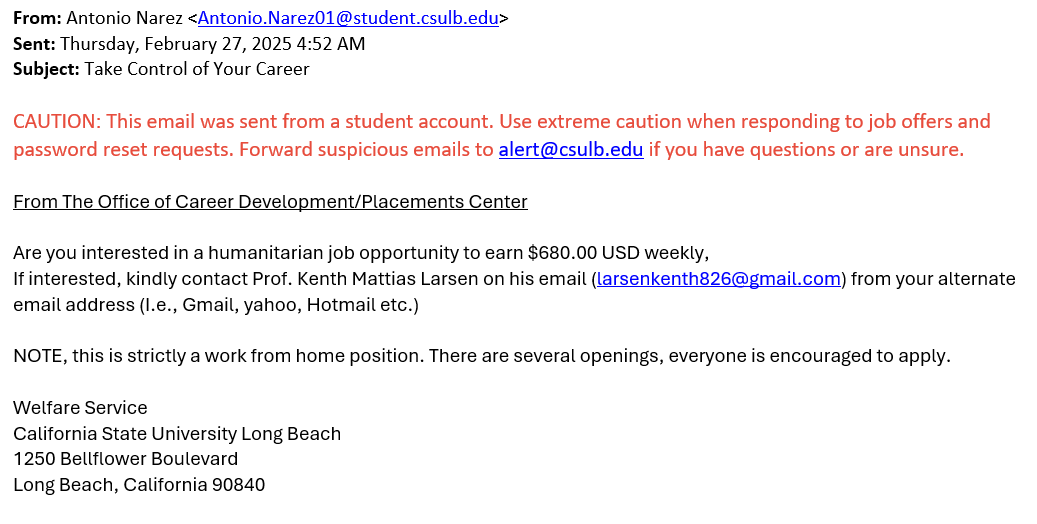 screenshot of the phishing email described below