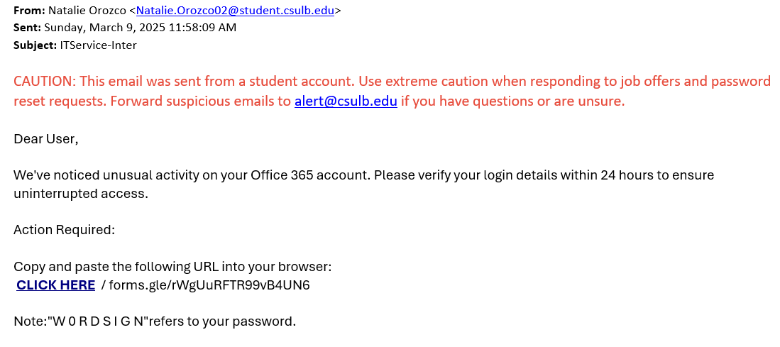 screenshot of the phishing email described below