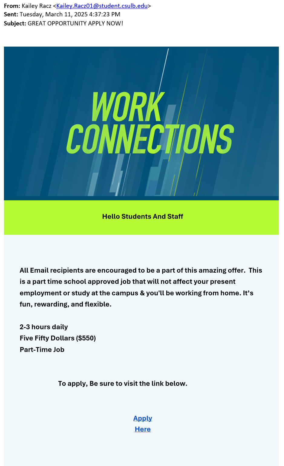 screenshot of the phishing email described below