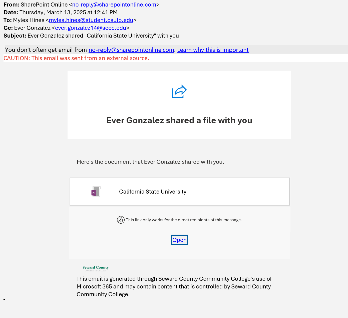 screenshot of the phishing email described below