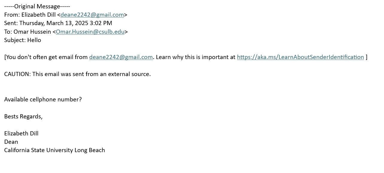 screenshot of the phishing email described below