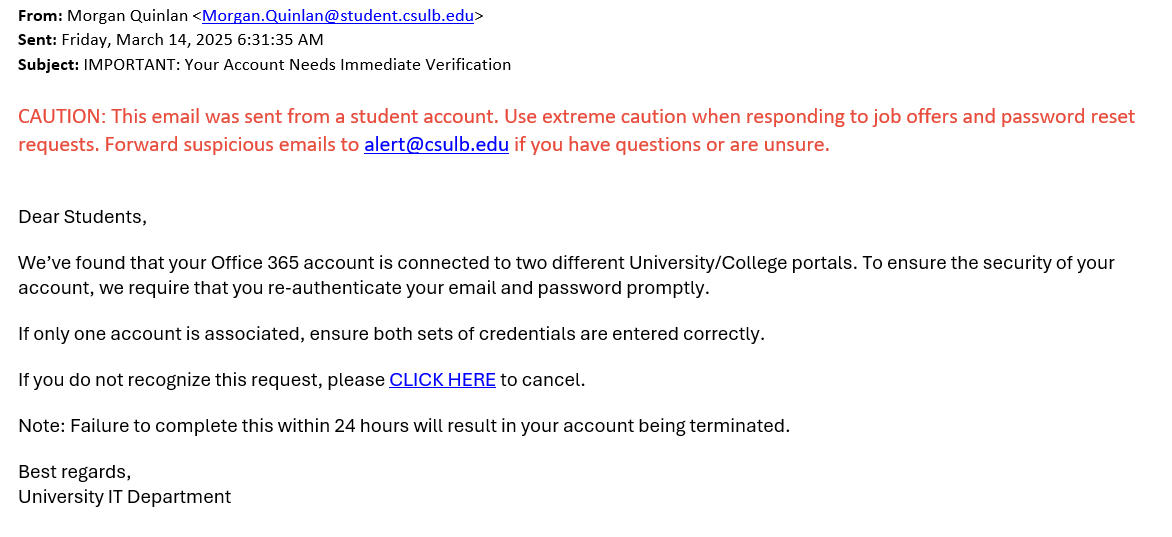 screenshot of the phishing email described below