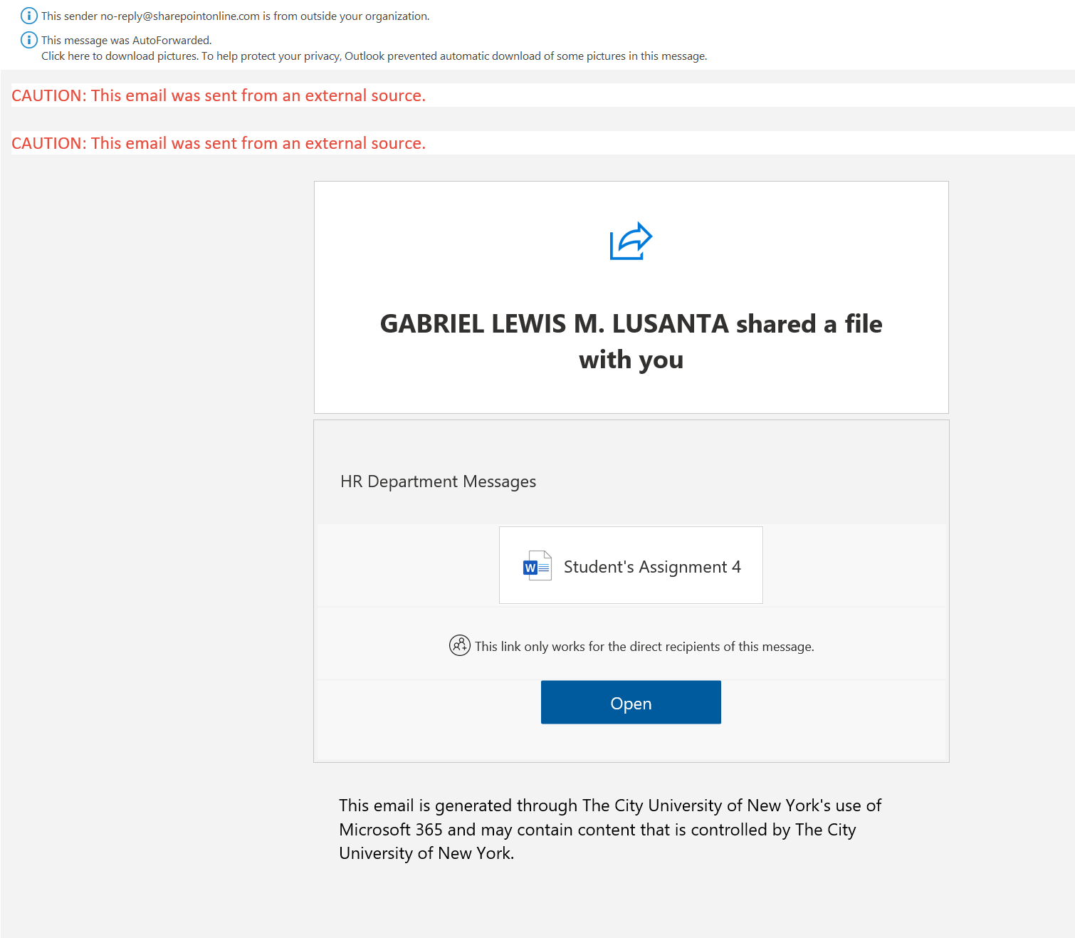 screenshot of the phishing email described below