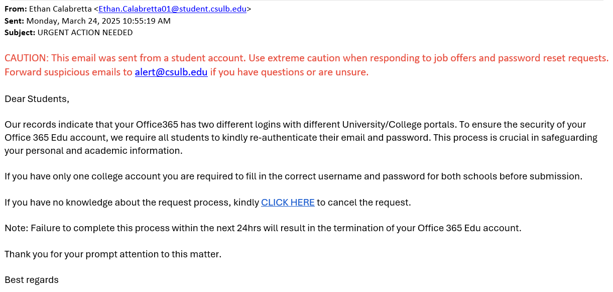 screenshot of the phishing email described below