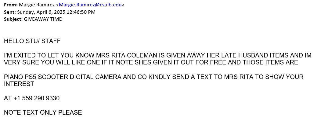 screenshot of the phishing email described below