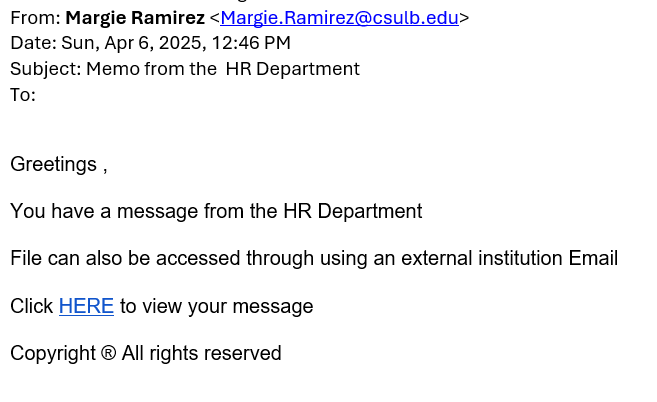 screenshot of the phishing email described below