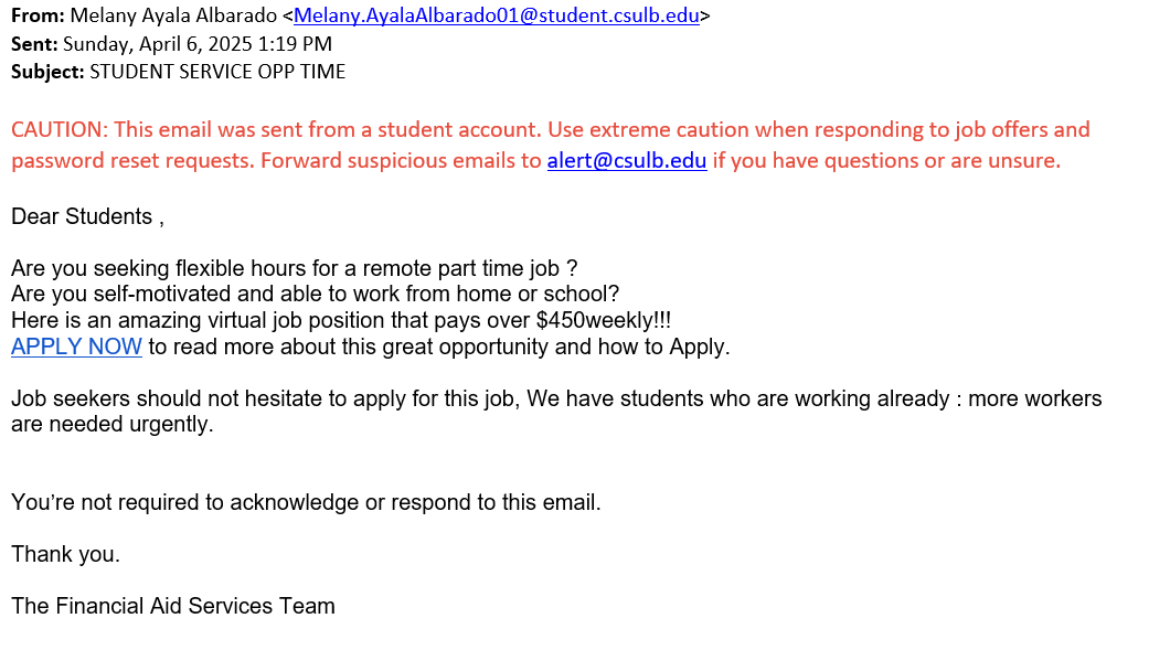 screenshot of the phishing email described below