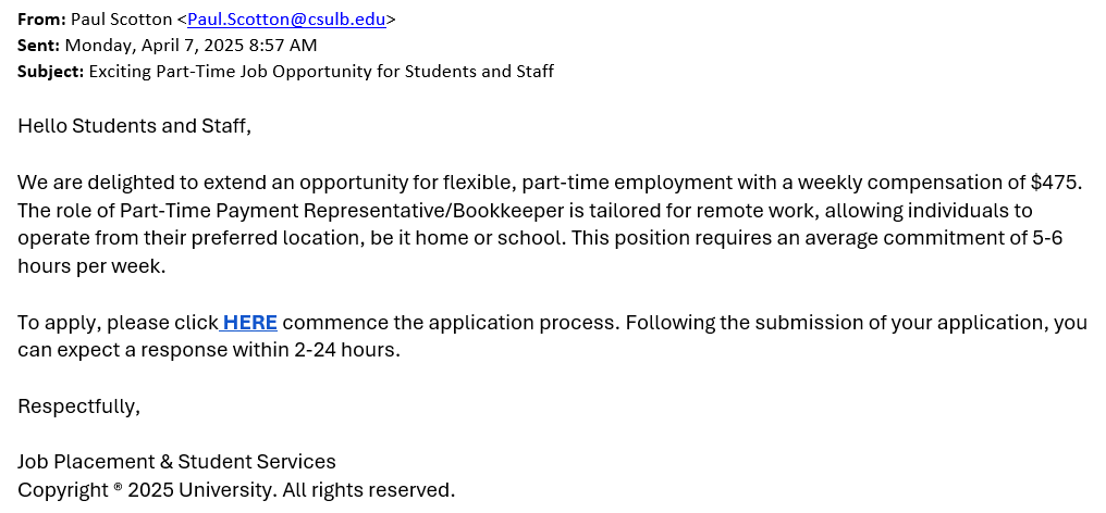 screenshot of the phishing email described below