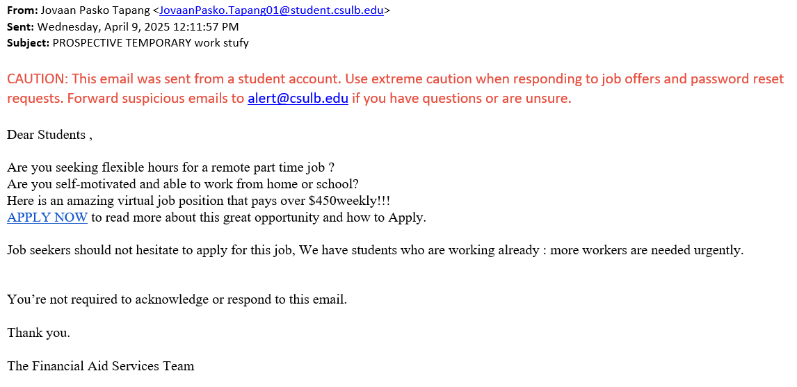 screenshot of the phishing email described below