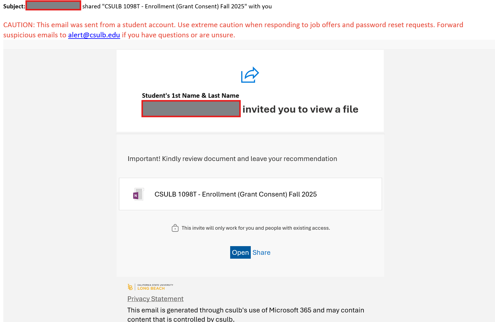screenshot of the phishing email described below