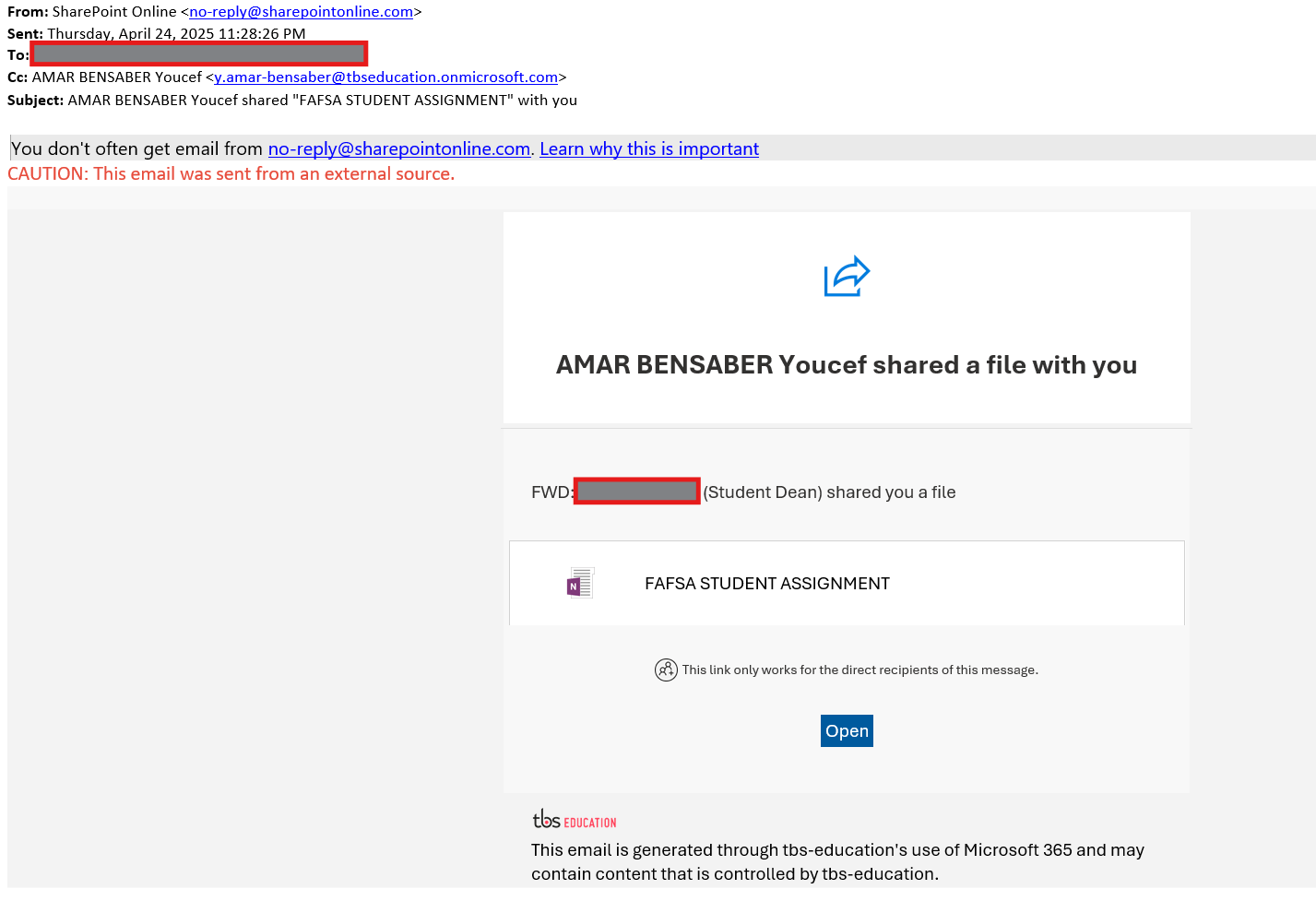 screenshot of the phishing email described below