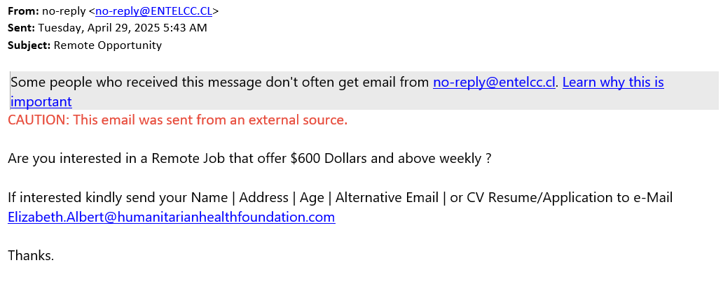 screenshot of the phishing email described below