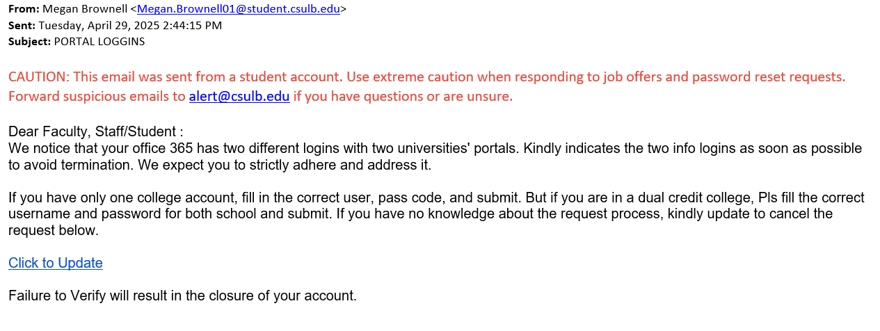 screenshot of the phishing email described below