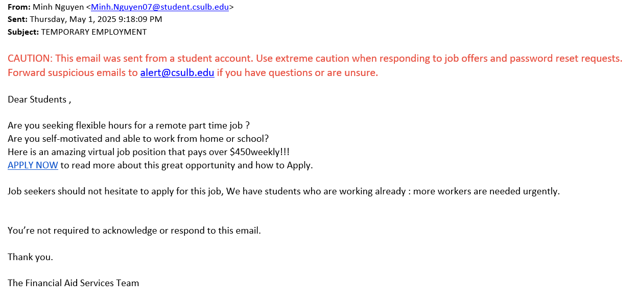 screenshot of the phishing email described below