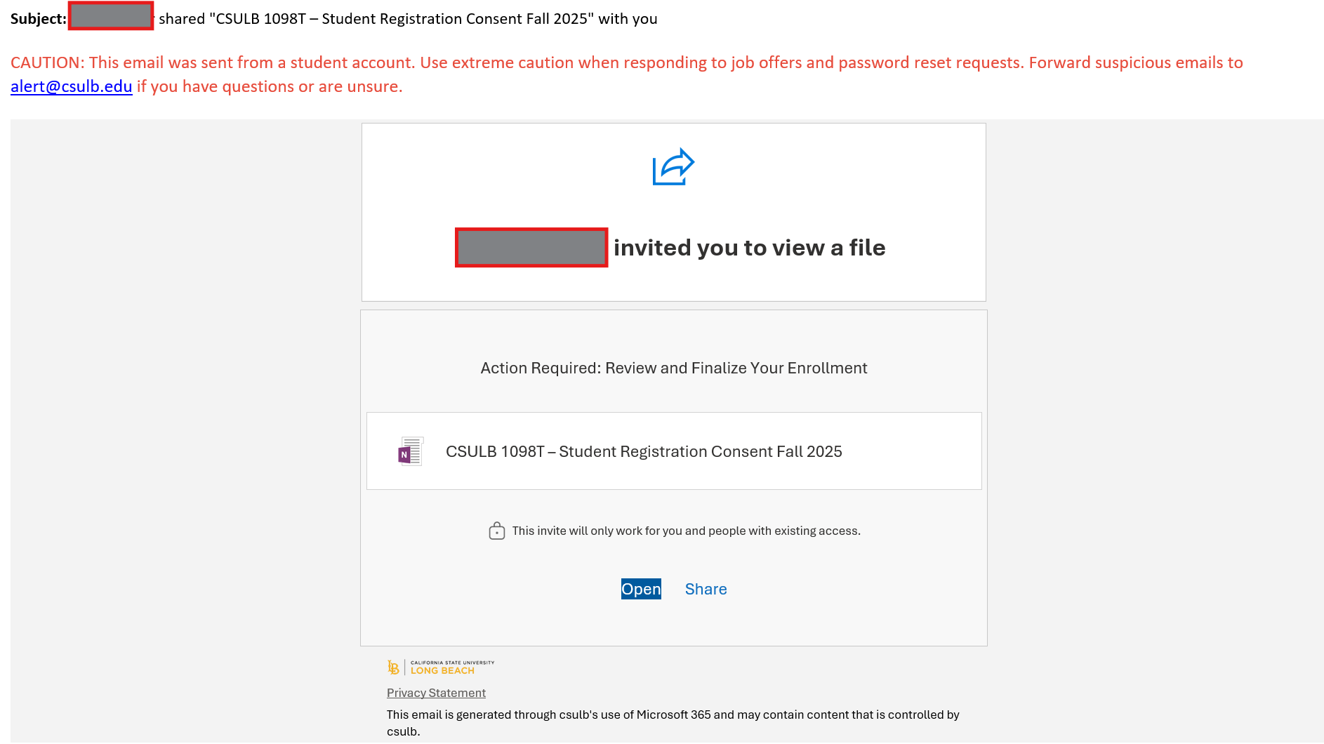 screenshot of the phishing email described below