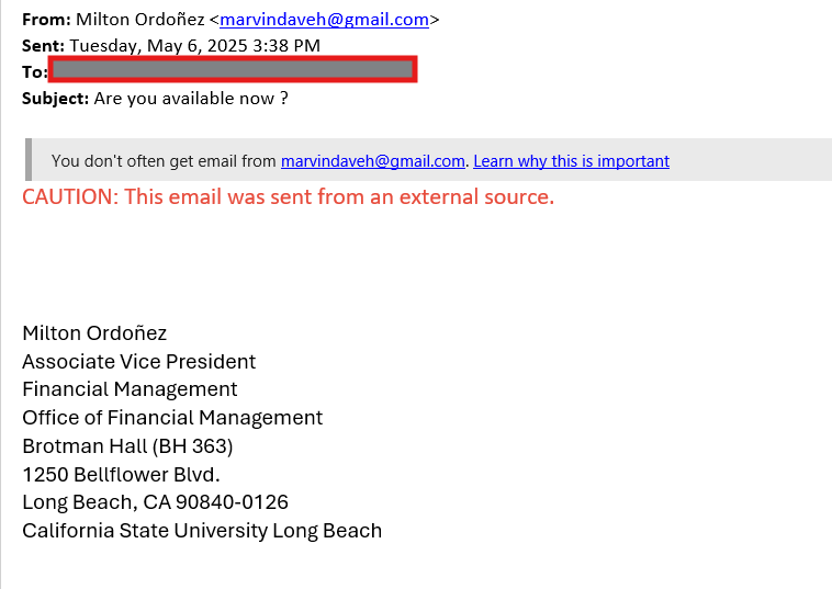 screenshot of the phishing email described below