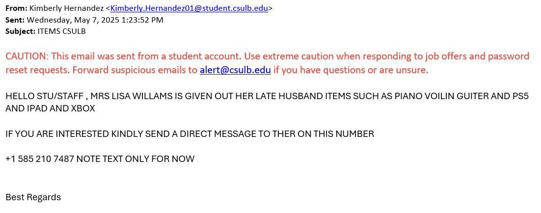 screenshot of the phishing email described below