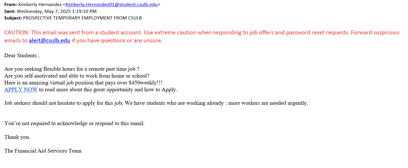 screenshot of the phishing email described below