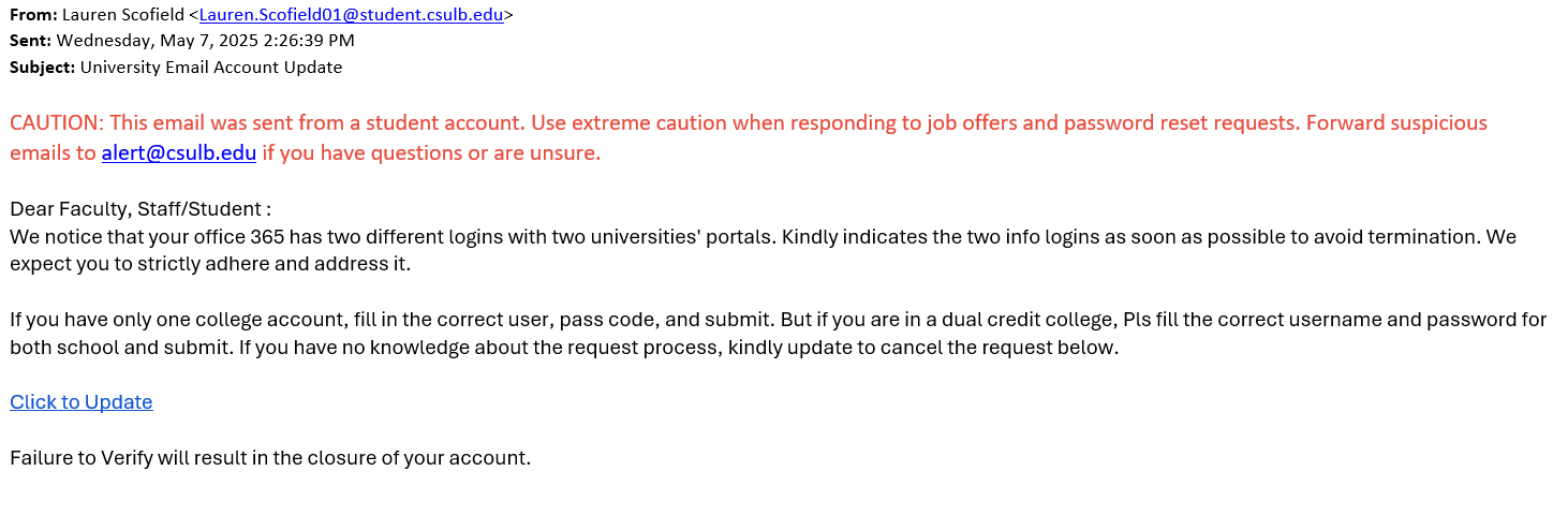 screenshot of the phishing email described below