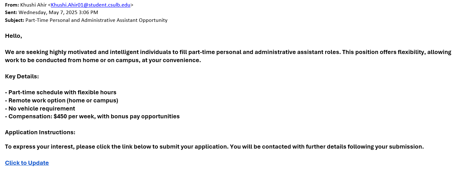 screenshot of the phishing email described below