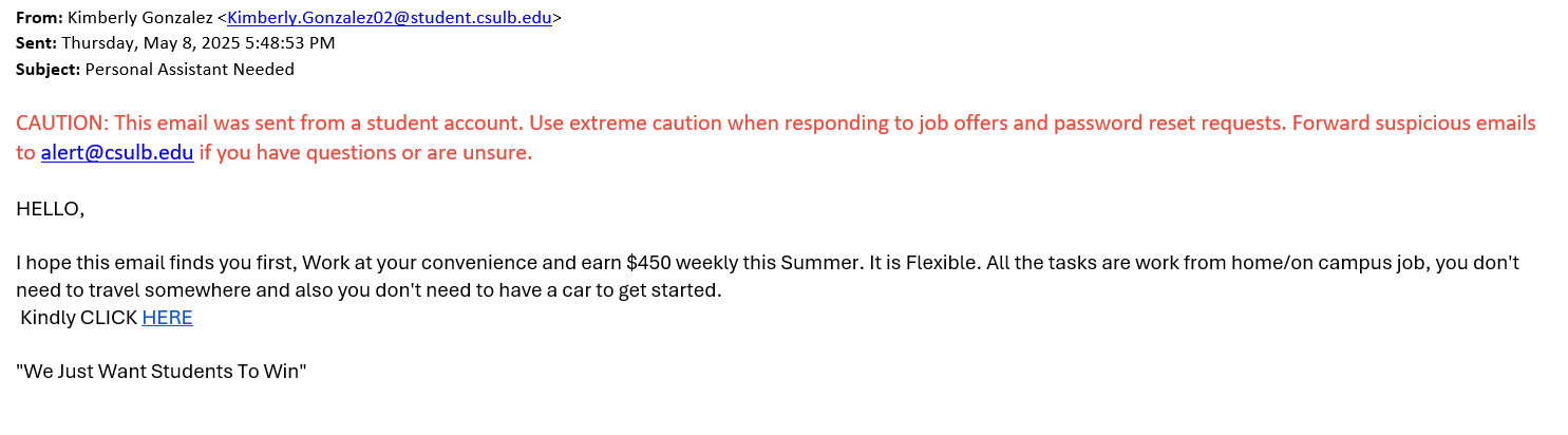 screenshot of the phishing email described below