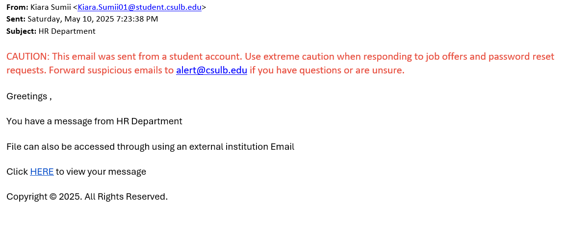 screenshot of the phishing email described below