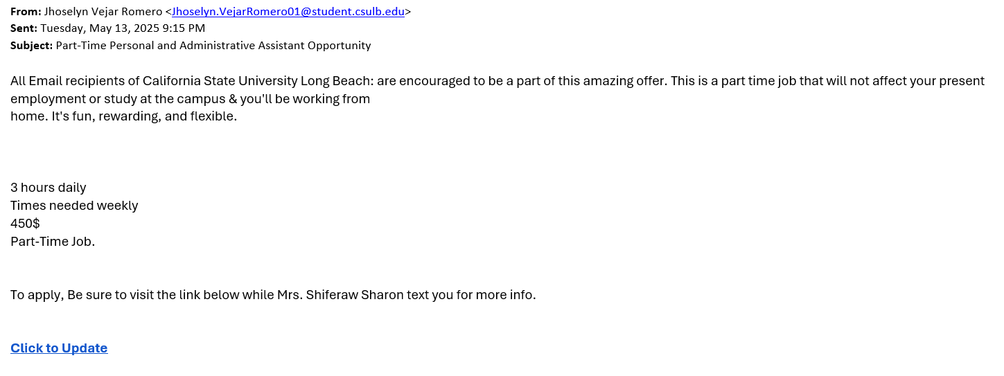 screenshot of the phishing email described below
