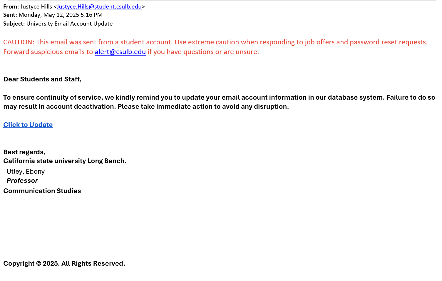 screenshot of the phishing email described below