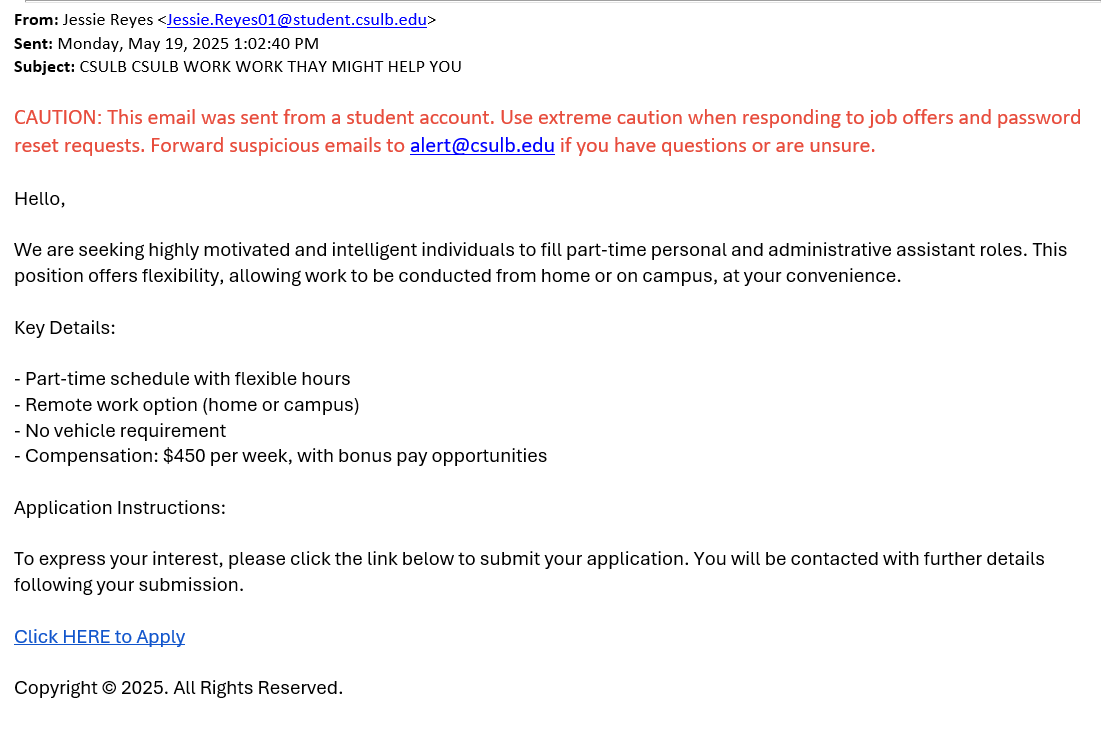 screenshot of the phishing email described below