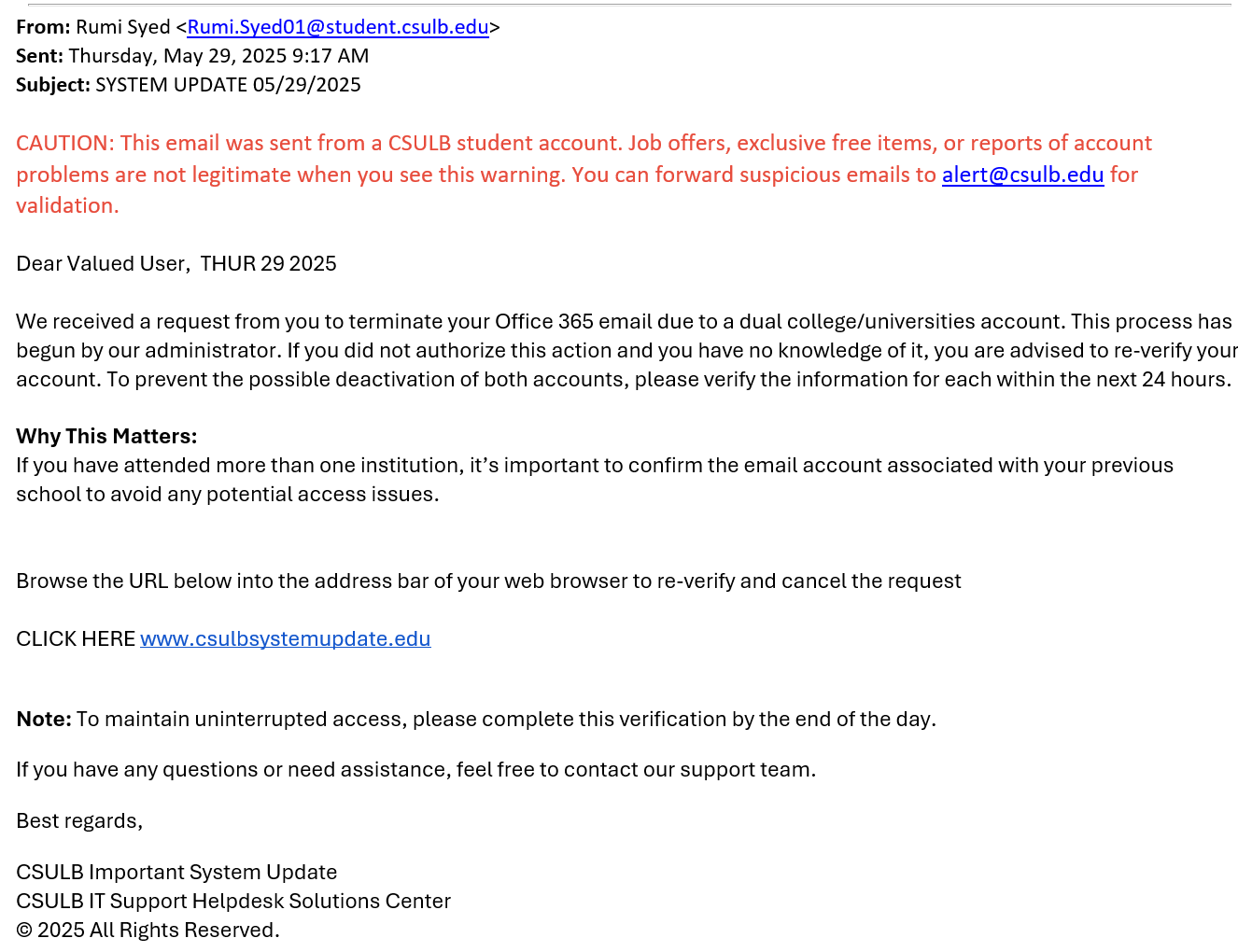screenshot of the phishing email described below