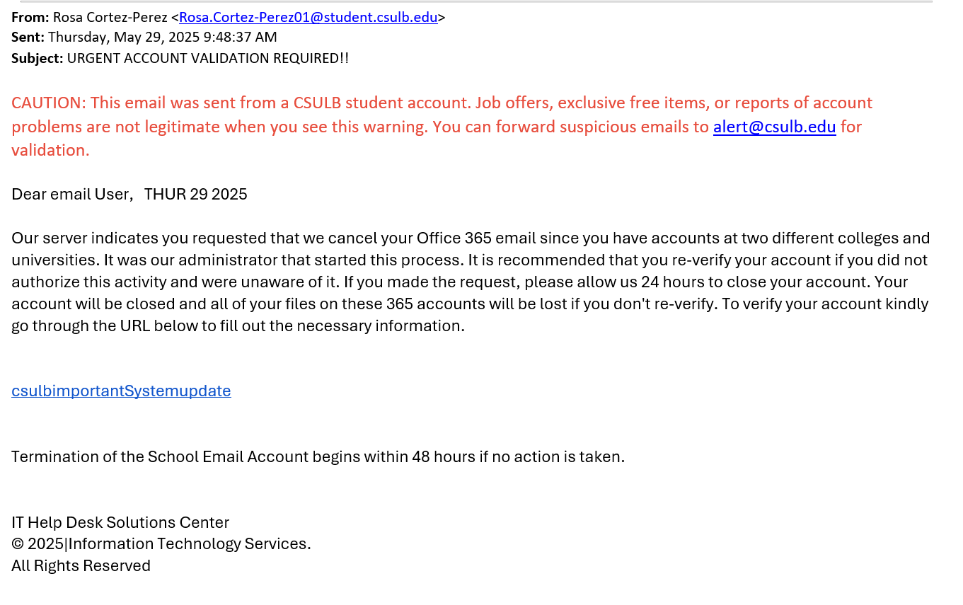 screenshot of the phishing email described below