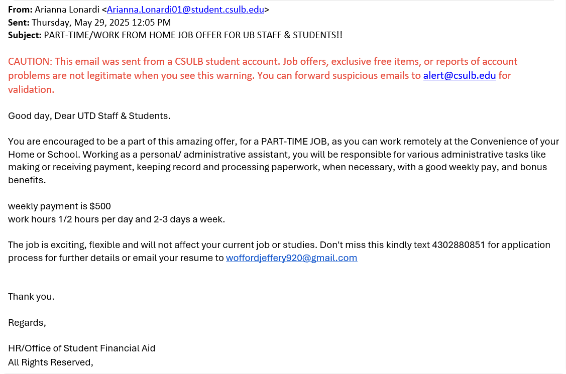 screenshot of the phishing email described below