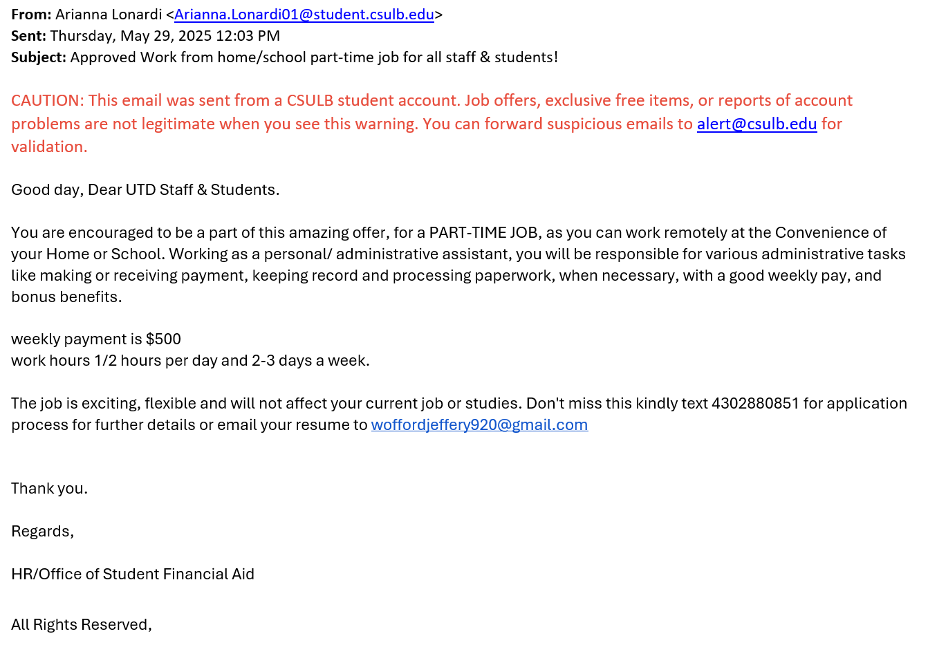 screenshot of the phishing email described below