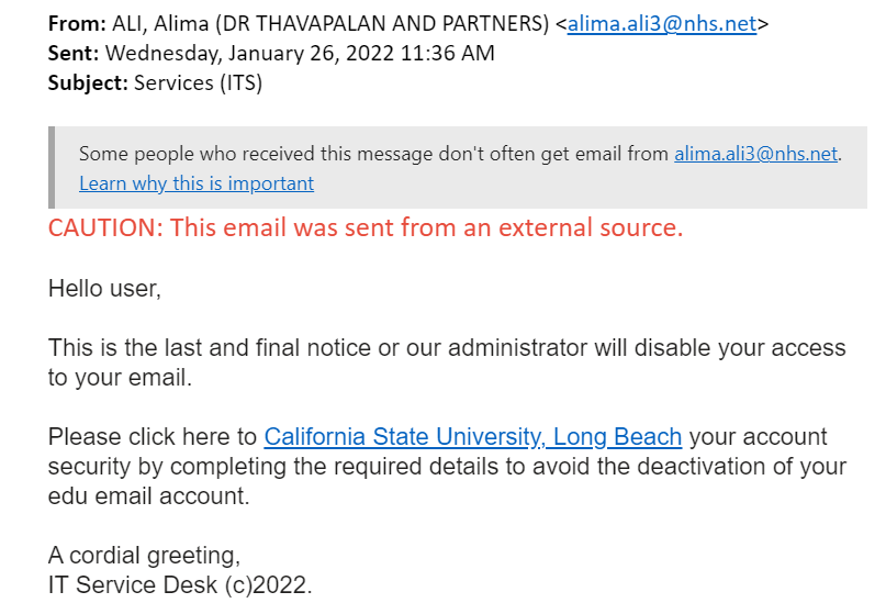 screenshot of the phishing email described below