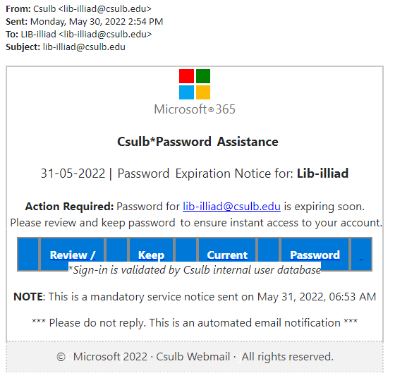 screenshot of the phishing email described below