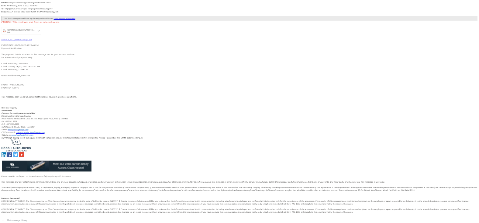 screenshot of the phishing email described below