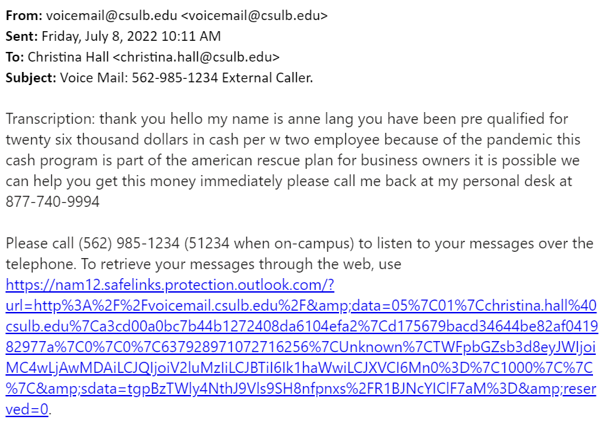 screenshot of the phishing email described below