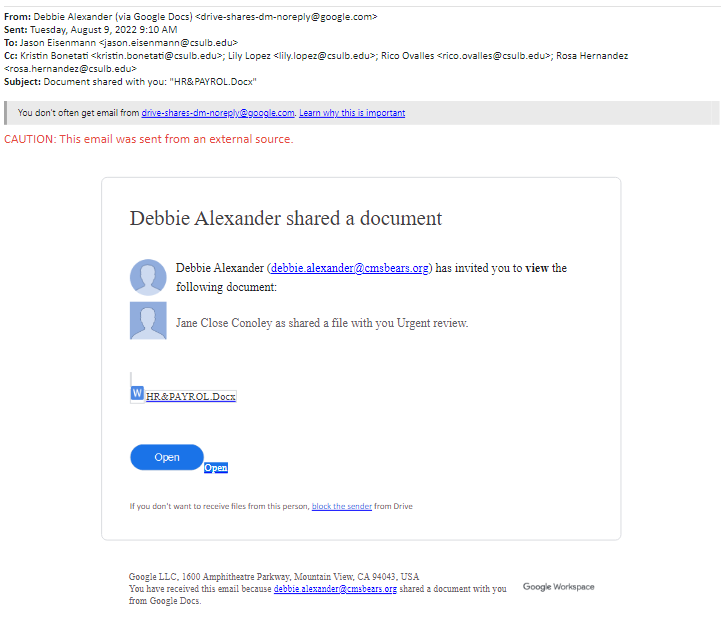 screenshot of the phishing email described below