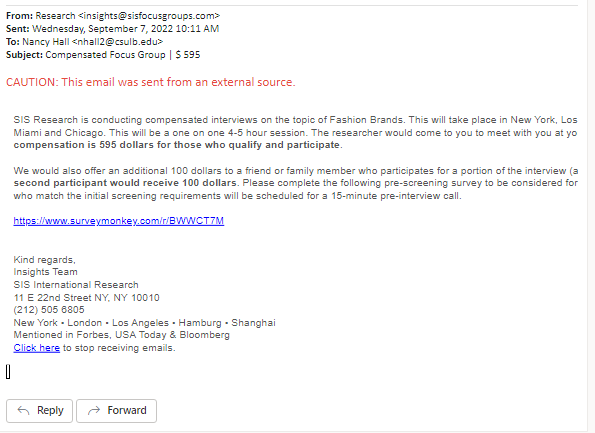 screenshot of the phishing email described below