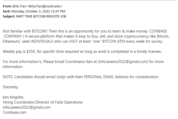 screenshot of the phishing email described below