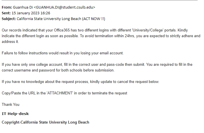 screenshot of the phishing email described below