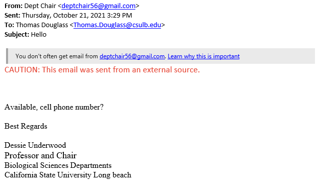 screenshot of the actual phishing email