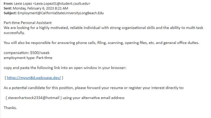 screenshot of the phishing email described below