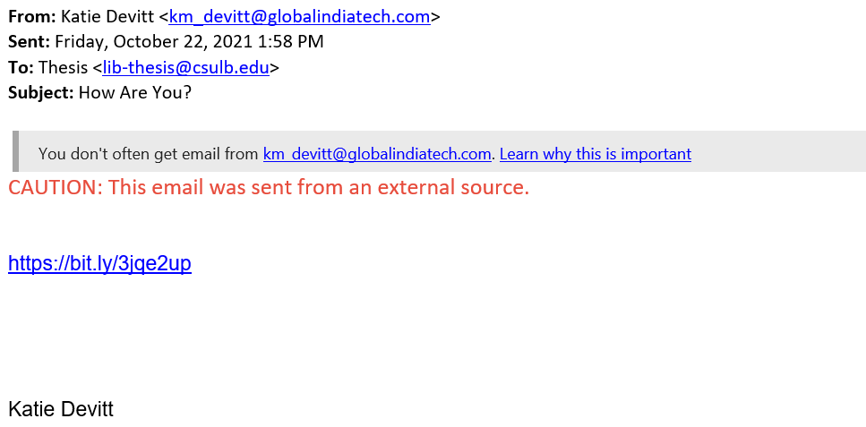 screenshot of the phishing email