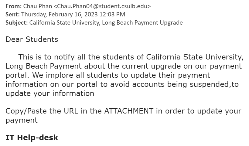 screenshot of the phishing email described below