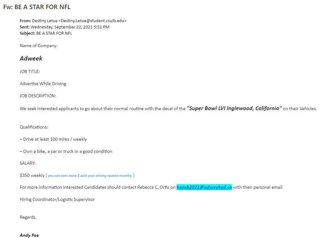 screenshot of the phishing email described below