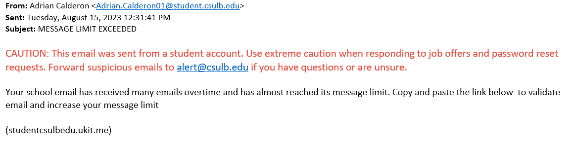 screenshot of the phishing email described below