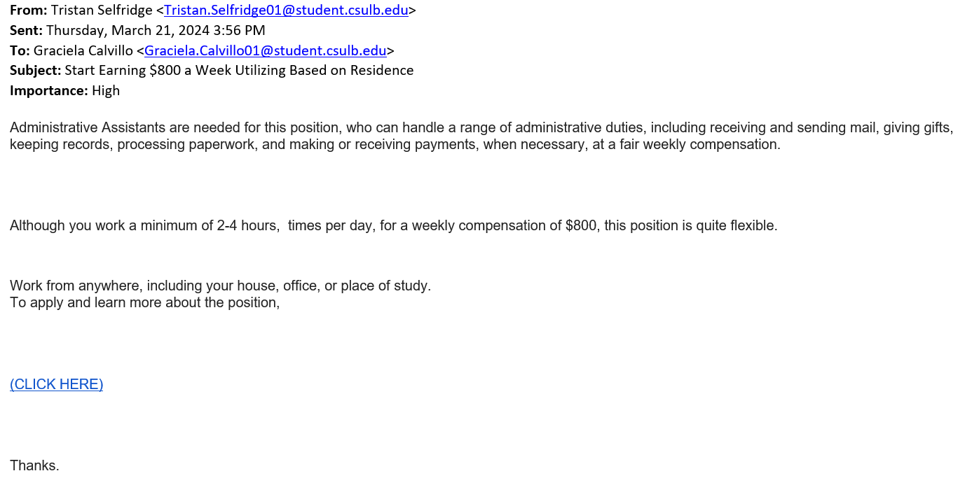screenshot of the phishing email described below